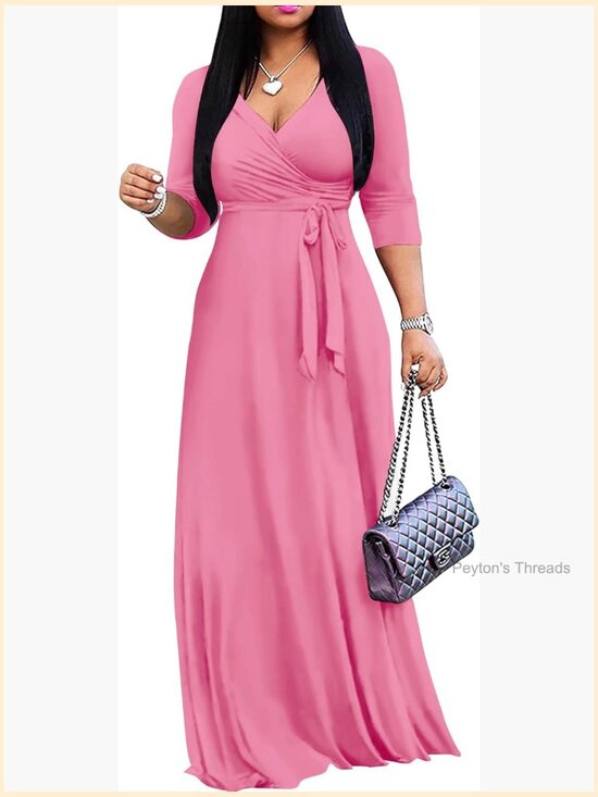 Dresses & Skirts - Plus Size Maxi Wrap Dress V-Neck 3/4 Sleeve with Pockets